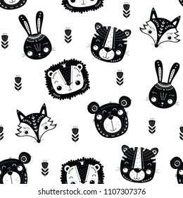 Seamless pattern with cute animals in Scandinavian style. Vector illustration