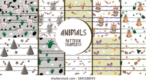 Seamless pattern with cute animals in the Scandinavian style. For children. Vector illustration. Pattern for fabric, clothing, wallpaper. Set of patterns with animals