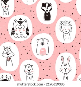 Seamless pattern with cute animals in Scandinavian style. Vector funny illustration for children.
