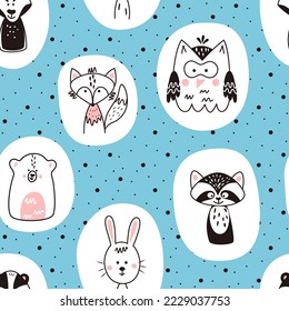 Patrón sin foco con animales lindos al estilo escandinavo. Ilustración vectorial divertida para los niños.
