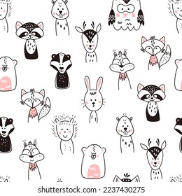 Seamless pattern with cute animals in Scandinavian style. Vector funny illustration for children.