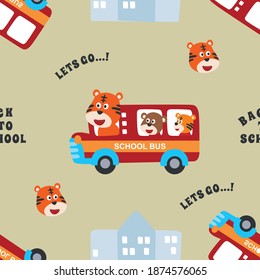 seamless pattern of Cute animals in school bus. Creative vector childish background for fabric, textile, nursery wallpaper, card, poster and other decoration.