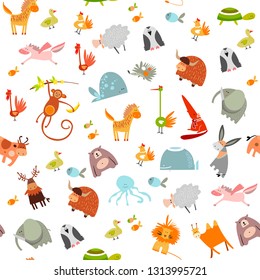Seamless pattern of the cute animals. Set