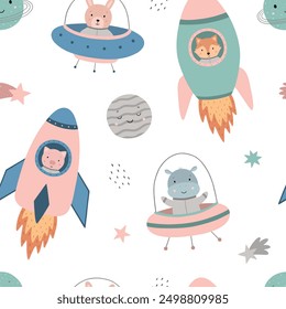 Seamless pattern with cute animals in spacesuits. Vector illustration