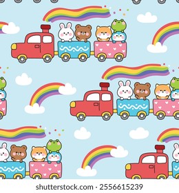 Seamless pattern of cute animals stay on rainbow train sky and cloud background.Vehicle.Animal character cartoon.Rabbit,teddy bear,shiba inu dog,penguin,frog.Kawaii.Vector.Illustration.