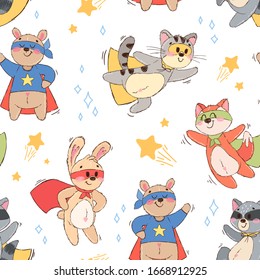 Seamless pattern with cute animals superheroes. Texture of hand drawn characters: teddy bear, hare, fox, cat, raccoon. Background for children's book, print, poster, wallpaper, textile, fabric.