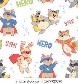 Seamless pattern with cute animals superheroes. Texture of hand drawn characters: teddy bear, hare, fox, cat, raccoon. Background for children's book, print, poster, wallpaper, textile, fabric.