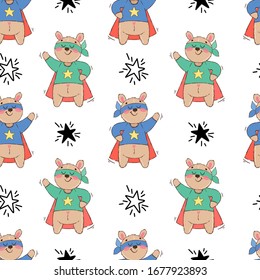 Seamless pattern with cute animals superheroes. Texture of hand drawn characters: teddy bear, hare, fox, cat, raccoon. Background for children's book, print, poster, wallpaper, textile, fabric.