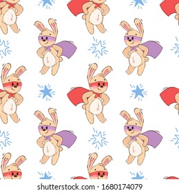 Seamless pattern with cute animals superheroes. Texture of hand drawn characters: teddy bear, hare, fox, cat, raccoon. Background for children's book, print, poster, wallpaper, textile, fabric.