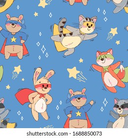 Seamless pattern with cute animals superheroes. Texture of hand drawn characters: teddy bear, hare, fox, cat, raccoon. Background for children's book, print, poster, wallpaper, textile, fabric.