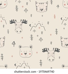 Seamless Pattern with cute animals: tiger, moose, bear and landscape elements. Hand drawn vector illustration. Can be used for t-shirt print, kids wear fashion design, baby shower invitation card.