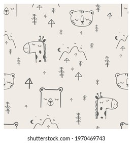 Seamless Pattern with cute animals: tiger, giraffe, bear and landscape elements. Hand drawn vector illustration. Can be used for t-shirt print, kids wear fashion design, baby shower invitation card.