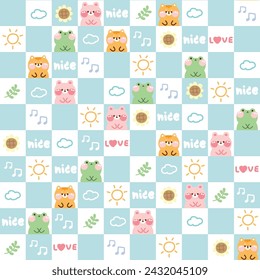 Seamless pattern of cute animals with tiny icon on rectangular background.Rabbit,frog,cat animal hand drawn cartoon.Sun,note,cloud,leaf,sunflower.Baby clothing.Kawaii.Vector.illustration.