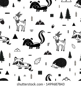 Seamless pattern with cute animals, trees, mountains and geometric elements. Hedgehog, raccoon, deer and skunk. All elements are  hidden under mask. Pattern are not cropped and can be edited.