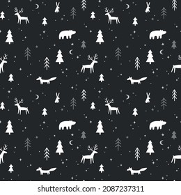 Seamless pattern with cute animals, trees, moon and stars. Night forest wildlife. Deer, bear, fox, rabbit in the dark wood.