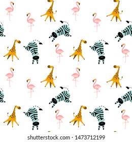 Seamless pattern with cute animals in trendy scandinavian colors. Funny characters isolated on white background. Vector illustration.