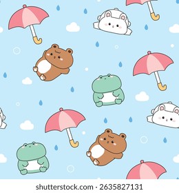 Seamless pattern of cute animals with umbrella stay on cloud sky rainy background.Teddy bear,rabbit bunny,frog hand drawn.Animal character cartoon design.Kawaii.Vector.Illustration.