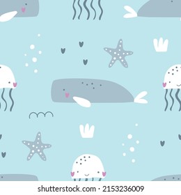 Seamless pattern with cute animals of the underwater world whale, midusa and starfish made in handmade lines. Vector illustration waiting for printing. Cute baby background.