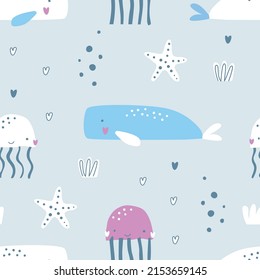 Seamless pattern with cute animals of the underwater world whale, jellyfish and starfish made in handmade lines. Vector illustration waiting for printing. Cute baby background.