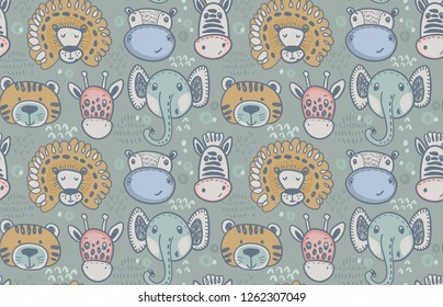 Seamless pattern with cute animals. Vector hand drawn endless illustration for baby and children design.