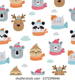 Seamless pattern with cute animals. Vector cartoon doodle isolated background. Merry Christmas and Happy New Year. Winter holidays, baby shower, birthday, children's party