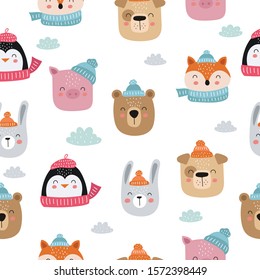 Seamless pattern with cute animals. Vector cartoon doodle isolated background. Merry Christmas and Happy New Year. Winter holidays, baby shower, birthday, children's party