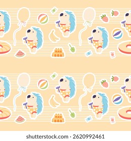 Seamless pattern with cute animals. Vector illustration in a simple modern style. Hedgehog builds a sandcastle and relaxes on the beach.  Hand drawn summer print.