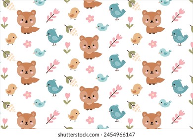 seamless pattern with cute animals y on white background- vector illustration,
