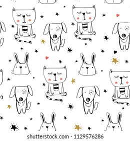 seamless pattern with cute animals.dog, cat, rabbits.cartoon hand drawn vector illustration