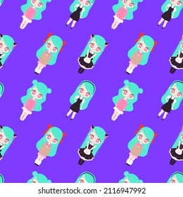 Nahtloses Muster mit süßen, farbigen Modemädchen auf violettem Hintergrund. Japanischer Stil kawaii chibi Charaktere mit verschiedenen Kleidung, Magd, Schuluniform, Kleid. Vektorgrafik.