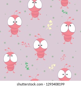 Seamless Pattern of cute ant with leaves, Vector Illustration