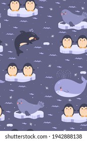 Seamless pattern with cute antarctic animals. Vector graphics.