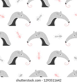 Seamless pattern with cute ant-eater and ants. Baby print.