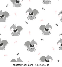 Seamless pattern with cute ant-eater and ants. Baby print with funny animals.