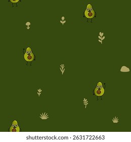 Padrão contínuo com abacates antropomórficos bonitos e elementos da natureza em um estilo ingênuo de rabiscar. Perfeito para designs infantis, têxteis, produtos ecológicos e temas de verão.