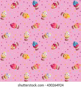 Seamless pattern with a cute appetizing cakes and candies on a pink  background