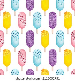 seamless pattern of cute appetizing cakesicles  on a stick for valentine's day with icing, sprinkles and hearts