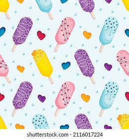 seamless pattern of cute appetizing cakesicles  on a stick for valentine's day with icing, sprinkles and hearts