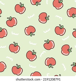 Seamless pattern of cute apple on green background.Fruit cartoon hand drawn.Image for card,poster,baby clothing.Kawaii.Vector.Illustration.