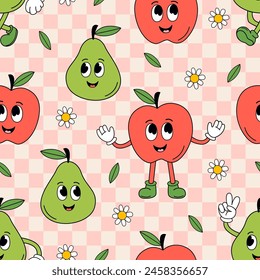 seamless pattern with cute apple and pear on a checkered background