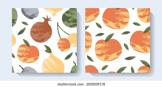 Seamless pattern with cute apple, plum, pear, lemon, cherry, pomegranate. Fruit background. Vector flat cartoon illustration, perfect for kids textile, fabric, wrapping paper