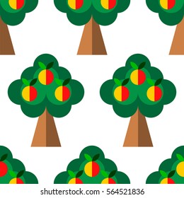 Seamless pattern with cute apple trees in flat style on the white background. Vector.