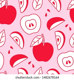 Seamless pattern of cute apples, halfs, pieces.