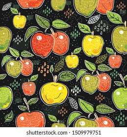Seamless Pattern with Cute Apples on dark background. Scandinavian Style. Vector Illustration  