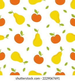 Seamless pattern with cute apples and pears on white background.