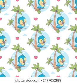 Seamless pattern with cute Ara parrot with tropical palm trees on white background with hearts. Funny cartoon kawaii bird character. Vector illustration