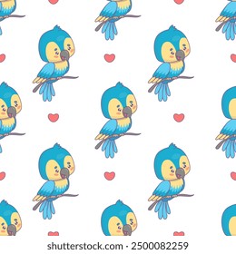 Seamless pattern with cute Ara parrot on branch on white background with hearts. Funny cartoon kawaii bird character. Vector illustration. Kids collection