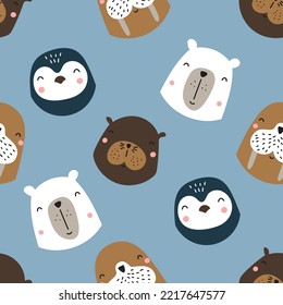 Seamless pattern with cute arctic animals: penguin, polar bear, walrus, seal. vector illustration for your design.