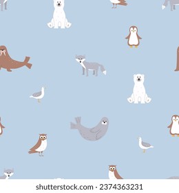 Seamless pattern Cute Arctic animals. Vector illustration with funny polar animals. Polar bear walrus seal seagull scribe owl.