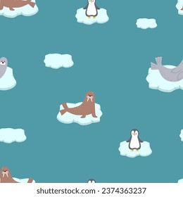 Patrón sin foco Animales Cute Ártico. Ilustración vectorial con animales polares divertidos. Walrus, pingüino y un sello de la marina en un hielo.